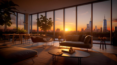 modern living room with panoramic window overlooking the city at sunsetの素材