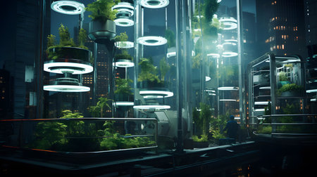 Futuristic city at night with neon lights, 3d renderingの素材