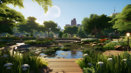 3d render of a park with a pond and a bridge.の素材