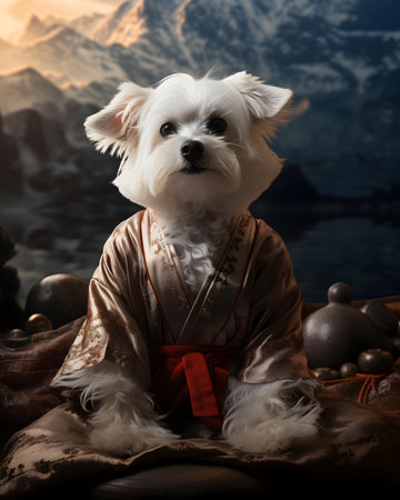 Portrait of a dog in a Japanese costume on a background of mountainsの素材