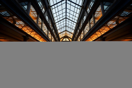 A low angle shot of a glass ceiling inside a shopping center in Londonの素材