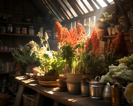 Flowers in a pot on a shelf in a rustic wooden houseの素材