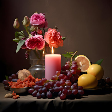 Still life with fruits, candles and flowers on a dark background.の素材