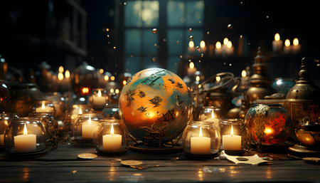 Burning candles and glass globe on old wooden table. Christmas backgroundの素材