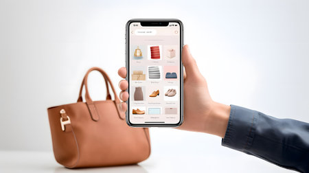 Close-up of female hand holding smartphone with online shopping application on screenの素材