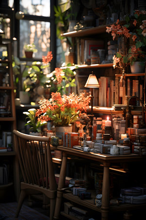 Interior of a coffee shop with books, candles and plants.の素材