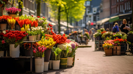 Flower market in Amsterdam, Netherlands. Colorful spring flowers in pots.の素材