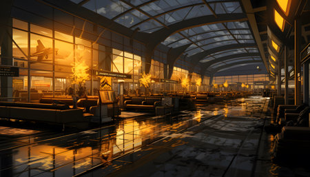 3D rendering of the interior of a modern airport terminal at nightの素材