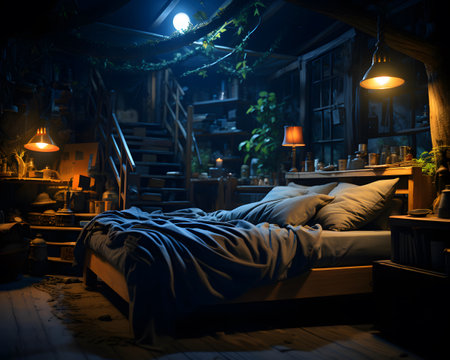 Bedroom interior in the dark. Night scene. 3d renderingの素材