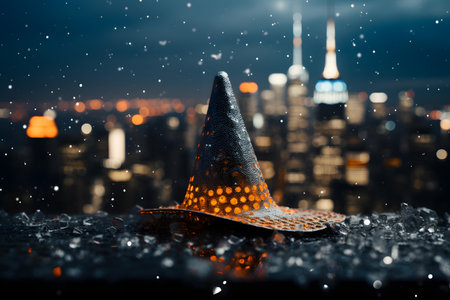 Conceptual image of party hat against night city background. Mixed mediaの素材