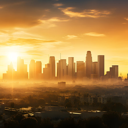 Cityscape at sunrise with fog in the city. 3d renderingの素材