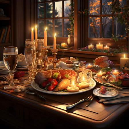 Thanksgiving dinner with turkey and vegetables on a wooden table in a country houseの素材