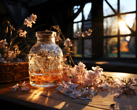 Glass bottle of perfume on a wooden table in the rays of the setting sunの素材