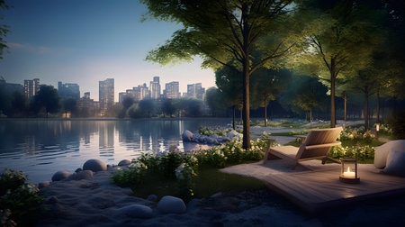 3D rendering of a lake in a city park with a deck chairの素材