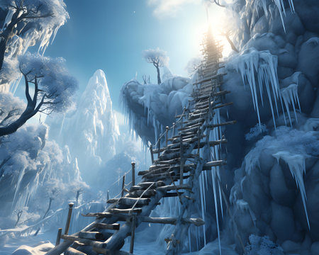 Fantasy landscape with icicles and wooden ladder. 3D renderingの素材