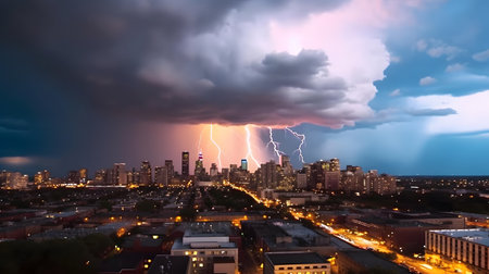 Thunderstorm over the city at night, panoramic view.の素材