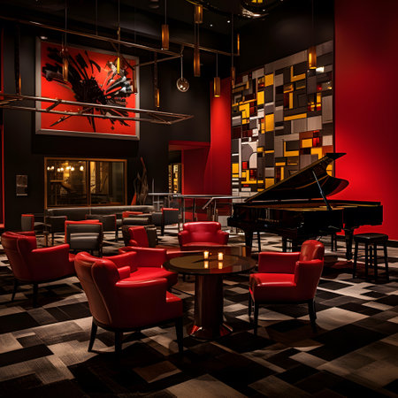 Interior of a luxury restaurant with red chairs and piano. 3D renderingの素材
