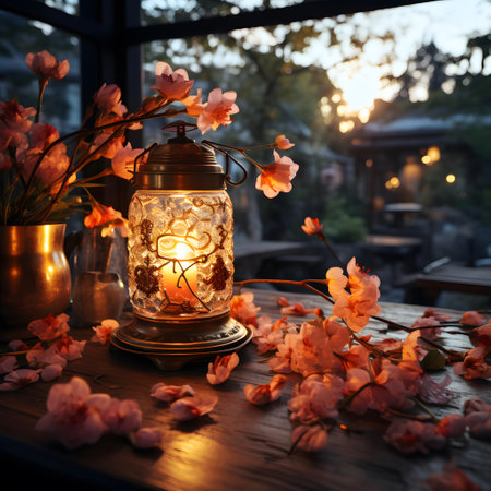 Lantern with flowers on a wooden table in a cafe.の素材