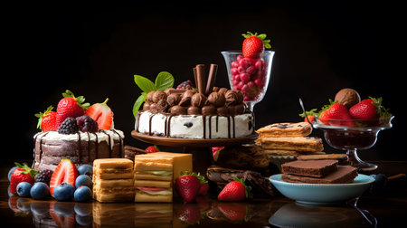 Chocolate cake with strawberries, blueberries, raspberries and chocolate on black backgroundの素材