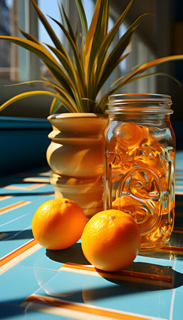 Orange juice in a glass jar with slices of citrus on a blue backgroundの素材