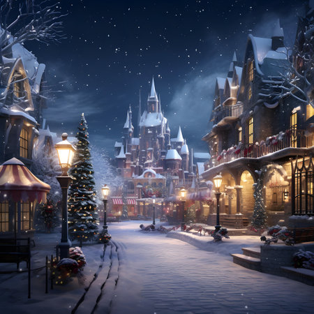 Snowy winter city street at night with Christmas trees and lights.の素材