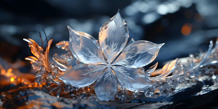 Ice flower on black background, close up. Christmas and New Year conceptの素材