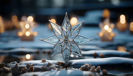Christmas star on the snow with burning candles and bokeh backgroundの素材
