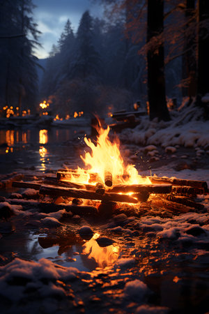 Bonfire on the shore of a frozen lake in the winter forestの素材