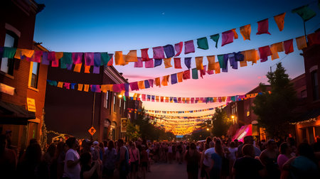 Crowds of people enjoying the sunset at a music festival in the city.の素材