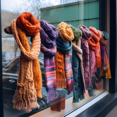 Colorful knitted scarves in a shop window. Winter fashion.の素材