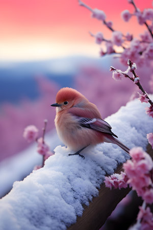 Chaffinch on a branch of pink cherry blossoms at sunsetの素材