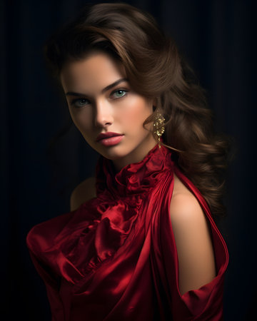 Portrait of a beautiful young woman in a red silk dress.の素材