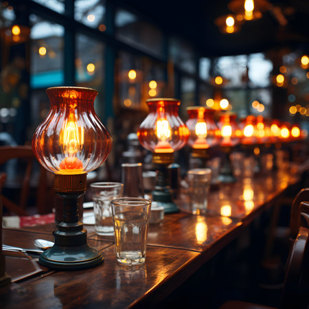 Lanterns on the table in a restaurant at night.の素材