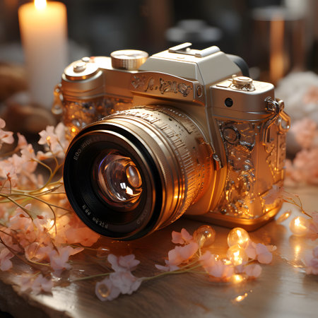 Vintage camera with flowers on wooden table, closeup. Space for textの素材