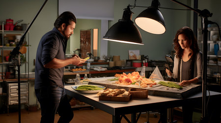 Photographer Showing Fresh Vegetables To Woman In Modern Kitchen.の素材