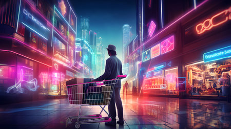 Man with shopping cart in front of big city lights. Mixed mediaの素材