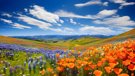 Meadow of poppies and lupines with mountains in the backgroundの素材