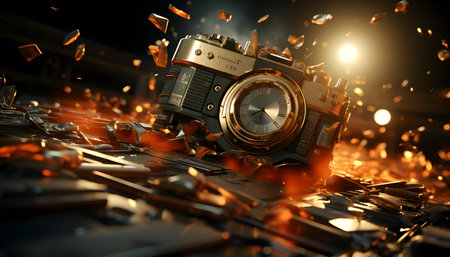 3d rendering of an old camera on a metal background with explosionの素材