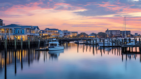 Sunset over the marina in Long Island, New York.の素材