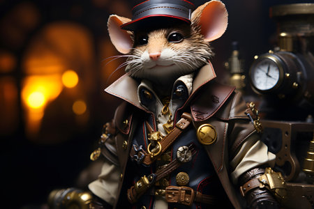 Cute little mouse in the steampunk costume on a dark backgroundの素材
