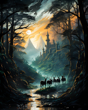 Fantasy landscape with castle and deer in the forest, illustrationの素材