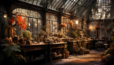 Vintage interior of a greenhouse with flowers, plants and plants.の素材