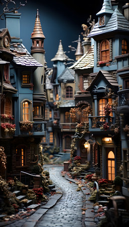 Miniature model of a fantasy town at night. Miniature city conceptの素材