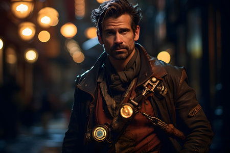 Portrait of a handsome steampunk man in the night city.の素材