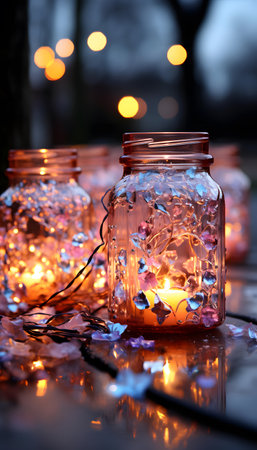 Christmas lights in glass jars on a wooden table with bokeh backgroundの素材