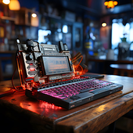 Professional video camera on a wooden table in a pub or club.の素材