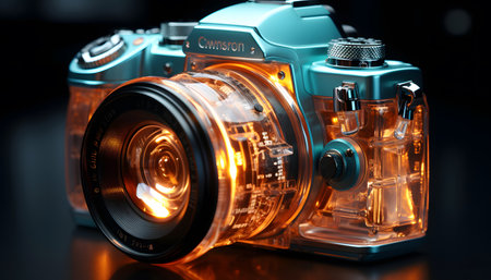 Close up of a DSLR camera on black background with orange lightの素材