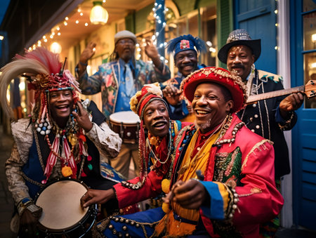 Group of African people playing musical instruments in the street during the festivalの素材