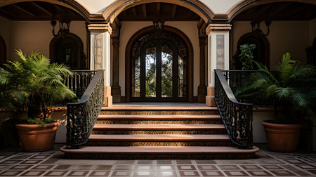 Staircase in an old house with a view of the gardenの素材