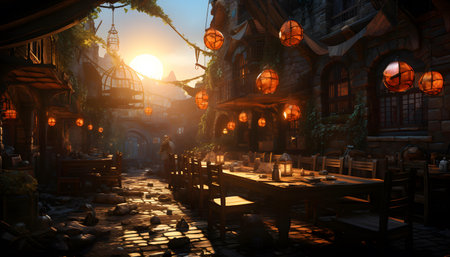 3d rendering of Chinese restaurant in the old town at sunset.の素材